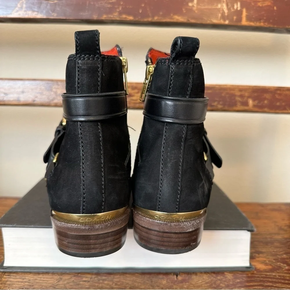 COACH Leoda Black Suede Buckle Ankle Booties Boots